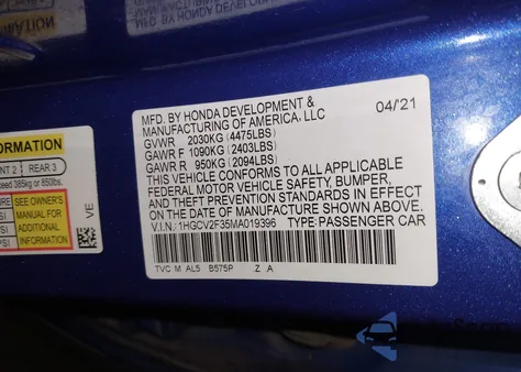 2021 Honda Accord Sport 2.0T z USA, uszkodzony, nr VIN 1HGCV2F35MA019396